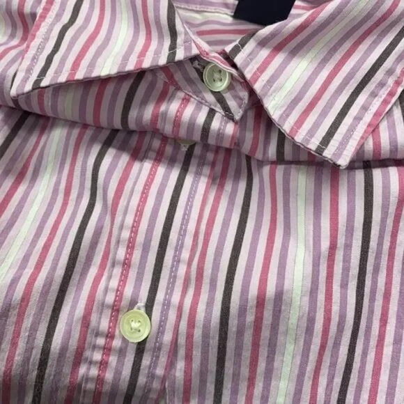 GAP STRETCH STRIPED PURPLE/PINK/WHITE/BROWN BUTTON FRONT BLOUSE MEDIUM-EUC - Picture 3 of 3